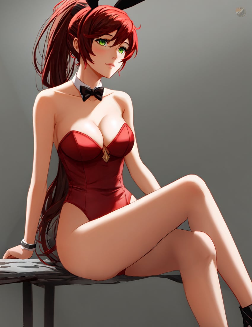 1girls ai_generated aicon bangs blush bunny_ears bunnysuit circlet cleavage crossed_legs female_only green_eyes grey_background high_ponytail large_breasts leotard long_hair ponytail pyrrha_nikos red_hair rwby shiny_hair shiny_skin solo