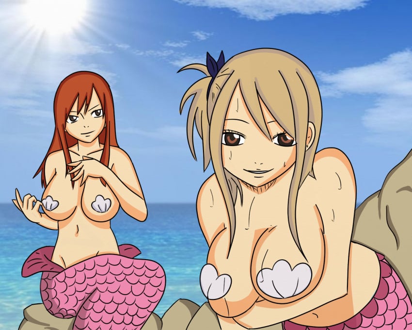 beach big_breasts blonde_hair breasts brown_eyes curvy_body curvy_female erza_scarlet fairy_tail fish_girl fish_tail long_breasts long_hair lucy_heartfilia mermaid mermaid_girl mermaid_position mermaid_tail mermaid_transformation monster_girl pink_tail ponytail red_hair seashell_bra seduction seductive seductive_eyes seductive_look seductive_mouth seductive_pose seductive_smile