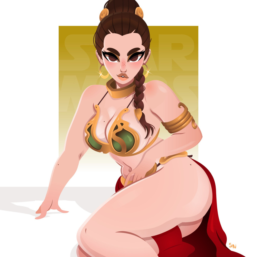 arm_band braided_ponytail brown_eyes brown_hair cleavage earrings looking_at_viewer lucasfilm mole_on_breast necklace nightlyneu princess_leia_organa return_of_the_jedi sitting sitting_on_side slave_bikini slave_collar slave_leia star_wars