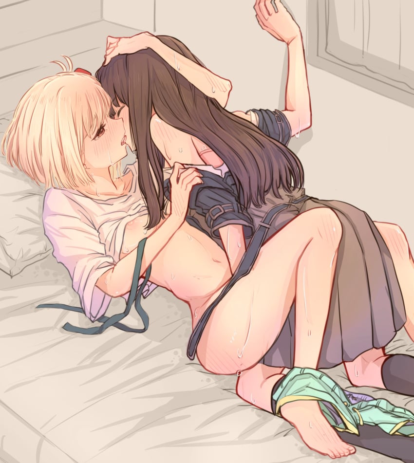 2futas 2girls bed black_hair blonde_hair breasts closed_eyes clothed clothing female futaba_(rei-futaba) highres human implied_fingering indoors inoue_takina light-skinned_female light_skin lycoris_recoil mostly_clothed multiple_girls navel nipples nishikigi_chisato on_bed panties_around_one_ankle pillow small_breasts undressing_another yuri