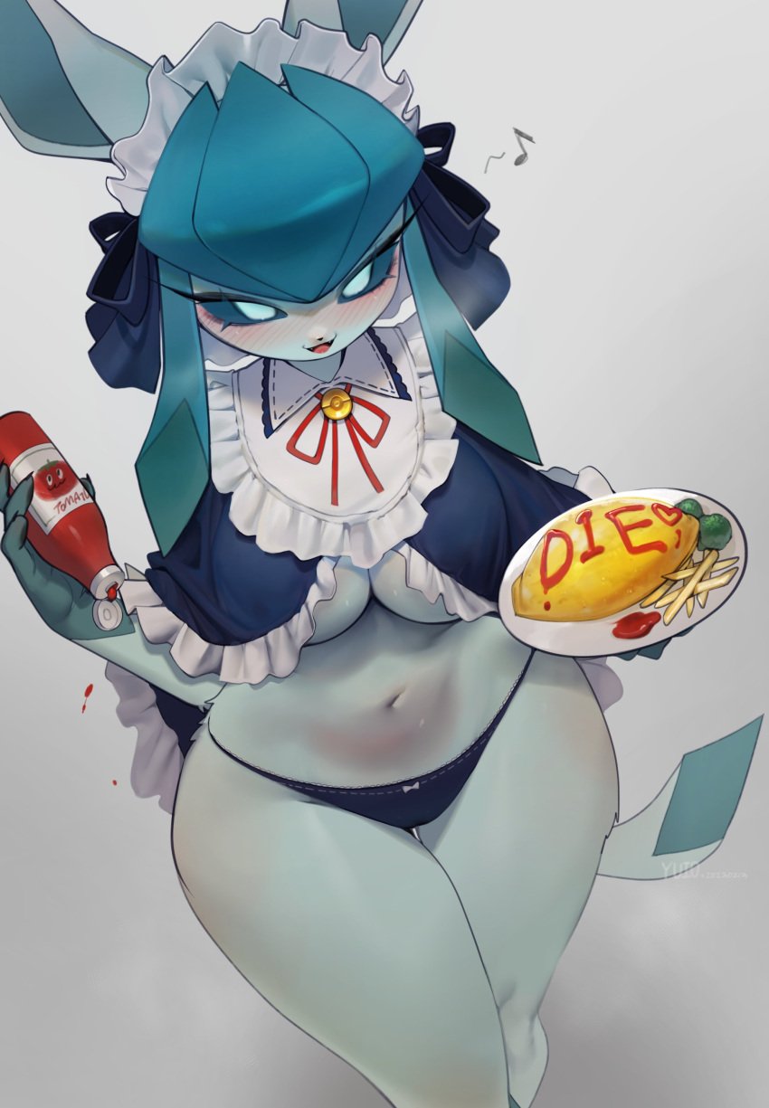 1girls anthro big_breasts blush breasts death_threat eeveelution female female_only food furry glaceon heavy_blush looking_at_viewer maid maid_headdress maid_outfit nintendo pokémon_(species) pokemon pokemon_(species) pokemon_unite pokemorph smile smiling_at_viewer solo tea_party_style_glaceon yuio