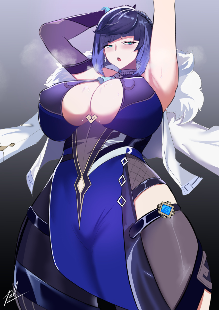 1girls arm_up armpits armwear big_breasts blue_eyes blush breasts cleavage clothing dark_blue_hair female female_only genshin_impact hair huge_breasts mature mature_female open_mouth perselon short_hair solo solo_female steam steamy_breath sweat sweatdrop yelan_(genshin_impact)