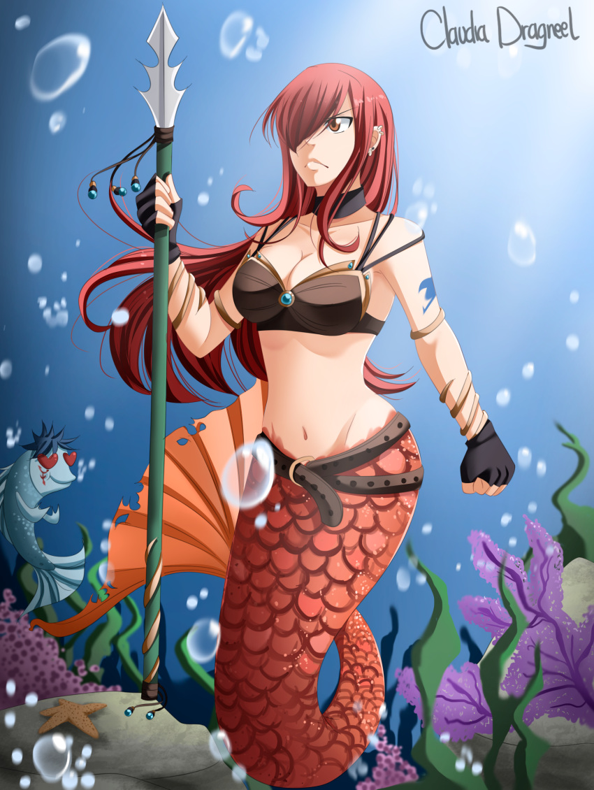 alternate_form bra breasts brown_eyes claudia_dragneel erza_scarlet fairy_tail fish_girl fish_tail jellal_fernandes long_hair mermaid mermaid_girl mermaid_position mermaid_tail mermaid_transformation monster_girl red_hair red_tail seductive_look seductive_pose tattoo underwater