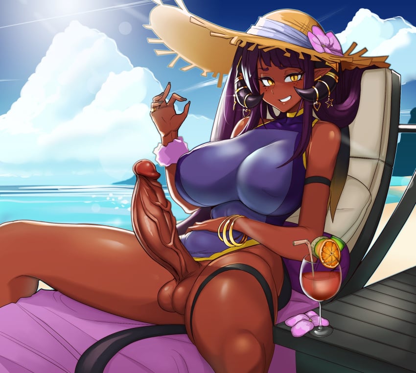 1futa beach beach_chair big_breasts big_penis breasts clothed clothing dark-skinned_futanari dark_skin erection futa_only futanari hat horns humanoid leotard long_hair looking_at_viewer mostly_clothed pointy_ears purple_hair sitting solo standby sun_hat swimsuit wine_glass