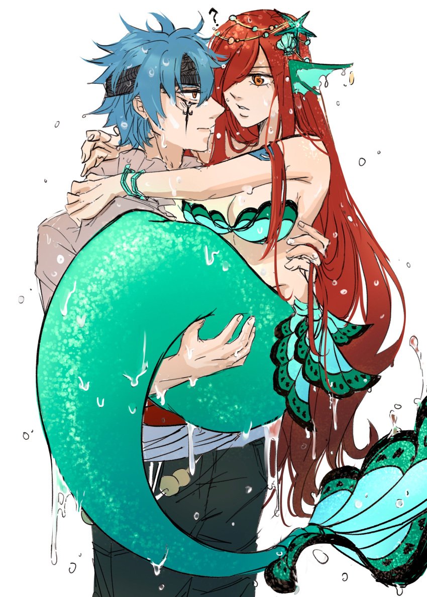 1girls alternate_form big_breasts breasts brown_eyes cleavage devil文 erza_scarlet fairy_tail fish_girl fish_tail full_body green_tail jellal_fernandes long_hair mermaid mermaid_girl mermaid_position mermaid_tail mermaid_transformation red_hair tattoo