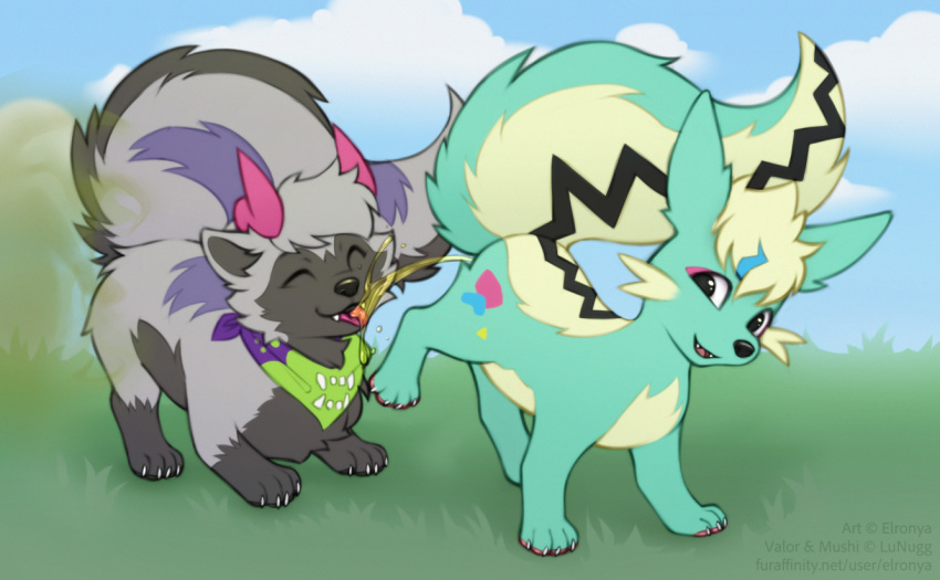 detailed_background digital_media_(artwork) duo elronya fan_character fart feral gas happy hybrid male mammal mephitid mushi nintendo outside peeing playing pokémon_(species) pokemon pokemon_(species) poochyena skunk smell smelly spray stunky trubbish