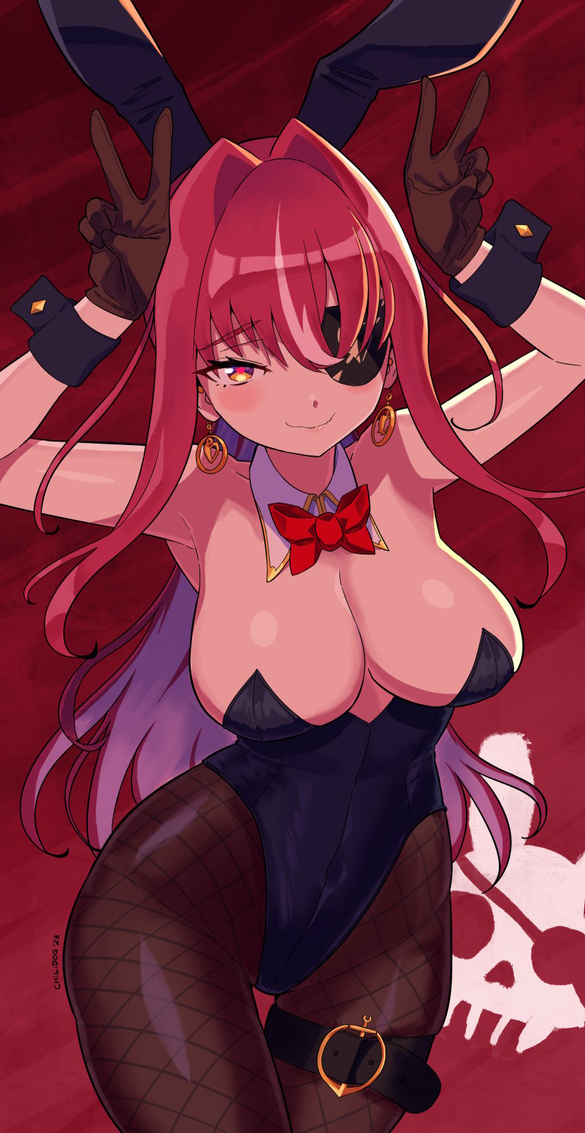 2023 armpits arms_up big_breasts black_eyepatch black_fishnet_pantyhose black_leotard black_pantyhose breasts bunny_ears bunny_pose chilidog_(lumchan777) cleavage covered_navel covered_nipples earrings eyepatch fishnet_pantyhose gloves highleg_leotard hololive hololive_fantasy hololive_japan houshou_marine leotard looking_at_viewer pantyhose playboy_bunny red_background red_hair simple_background smile smug thigh_strap thighs virtual_youtuber wrist_cuffs