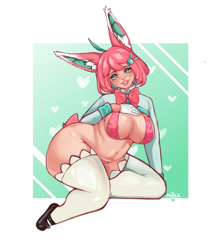 1girls ahoge bonnie_(rizdraws) bunny_ears bunny_girl bunny_tail female female_only gift_art gloves green_eyes green_highlights hand_on_chest heart_pasties hi_res legwear looking_at_viewer medium_hair milkuvei1 neck_ribbon pasties pink_hair pink_lips pussy_pasty slightly_chubby smiling smiling_at_viewer solo teeth_showing thick_thighs white_legwear