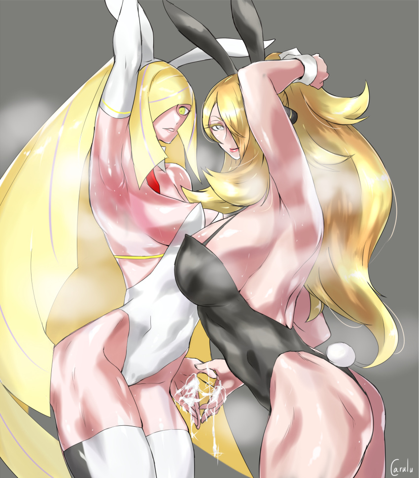 2girls armpits big_breasts black_bunnysuit blonde_hair breasts bunny_ears bunnysuit cum cum_on_hand cynthia_(pokemon) fake_animal_ears female female_only hair hair_over_one_eye hips long_hair lusamine_(pokemon) mature mature_female mature_woman milf mother multiple_girls pokemon pokemon_dppt pokemon_sm side_view sideboob thick_thighs thighhighs thighs uya_(yurukah) white_bunnysuit white_thighhighs yellow_eyes