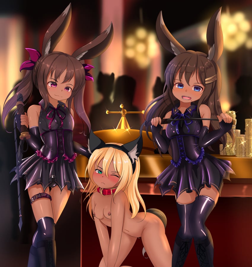 2d 3girls all_fours animal_ears background belt belt_around_thigh blonde_hair blurry blurry_background blush bondage breasts brown_hair cameltoe casino cat_ears catgirl clitoris_piercing clitoris_ring closed_mouth clothed clothed_female clothing collar color corset domination dominatrix dress embarrassed exhibitionism eyebrows_visible_through_hair fake_animal_ears female_focus femdom femsub green_eyes holding_object holding_riding_crop holding_sex_toy hotel01 humiliation latex latex_dress lezdom long_hair minidress multiple_girls naked_collar neckwear nipple_piercing nipple_rings nipples nude nude_female nudity one_eye_closed open_mouth original pet_play petplay piercing pleated_skirt public_humiliation public_nudity purple_eyes pussy_piercing rabbit_ears riding_crop roulette_table sad sex_toy shiny_clothes silhouette slave sleeveless sleeveless_dress small_breasts source_request standing stockings submissive table tail thigh_strap thighhighs trio trio_focus whip young yuri