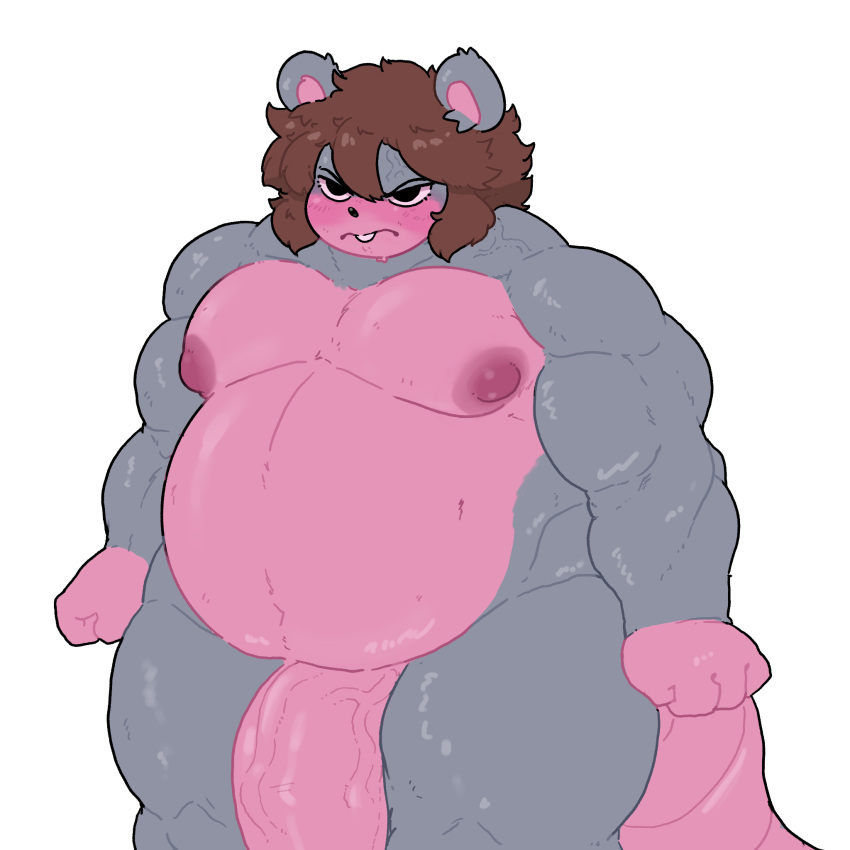 angry animal_humanoid anthro big_(disambiguation) blushing_profusely brown_hair bulge cross-popping_vein digital_media_(artwork) fur grey_body grey_fur hair hi_res humanoid khrunkisillegal male mammal mammal_humanoid murid murine musclegut muscular muscular_anthro muscular_male nipples pecs pink_body puffy_nipples rat rodent rodent_humanoid roque_(khrunkisillegal) solo solo_male tail vein