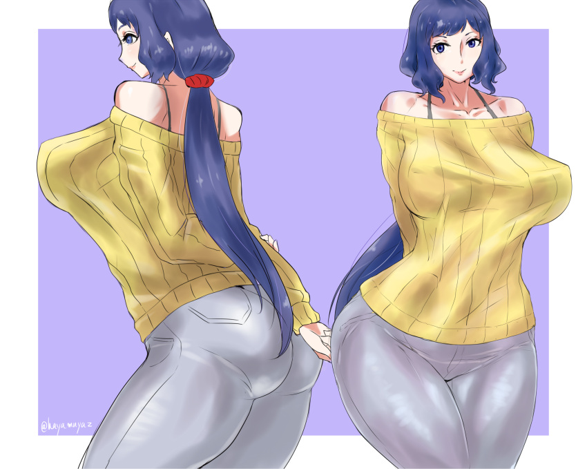 1girls alternate_version_available ass big_ass big_breasts blue_eyes blue_hair blue_pants bottomwear breasts female female_only gundam gundam_build_fighters hair huge_breasts iori_rinko lips mature mature_female mature_woman milf mother pants side_view smile solo solo_female sweater topwear uya_(yurukah) yellow_sweater