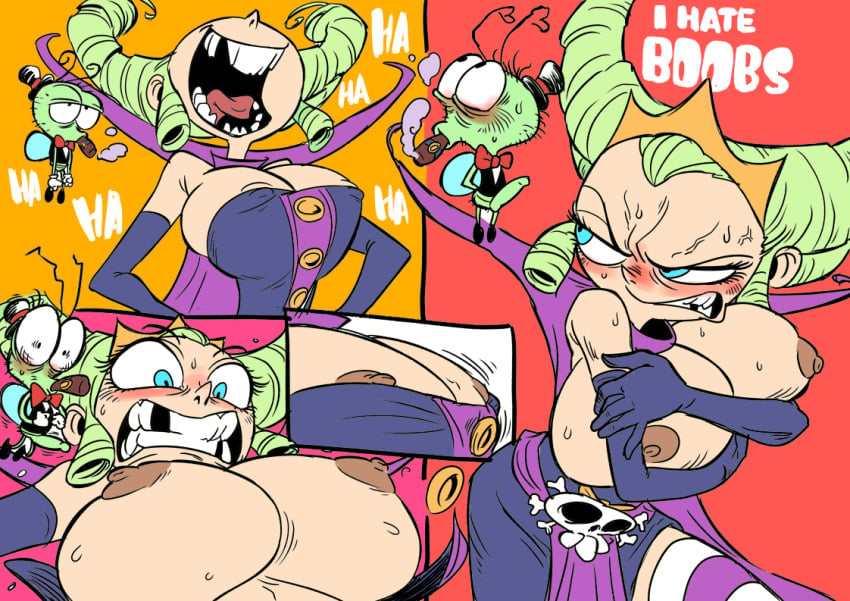 accidental_exposure big_breasts blue_eyes blush cleavage covering_breasts crown gertrude_(i_hate_fairyland) green_hair huge_breasts i_hate_fairyland large_breasts larrigon_wentsworth_iii lipstick nipples splooge_(artist) wardrobe_malfunction