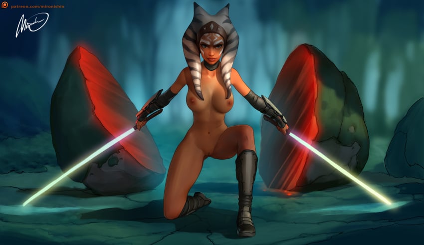 1girls ahsoka_tano athletic_female blue_eyes boots boulder dual_wielding female female_only fingerless_gloves holding_weapon jedi large_breasts lightsaber mironishin nearly_nude orange_skin practically_nude pussy rock solo star_wars star_wars_rebels text togruta