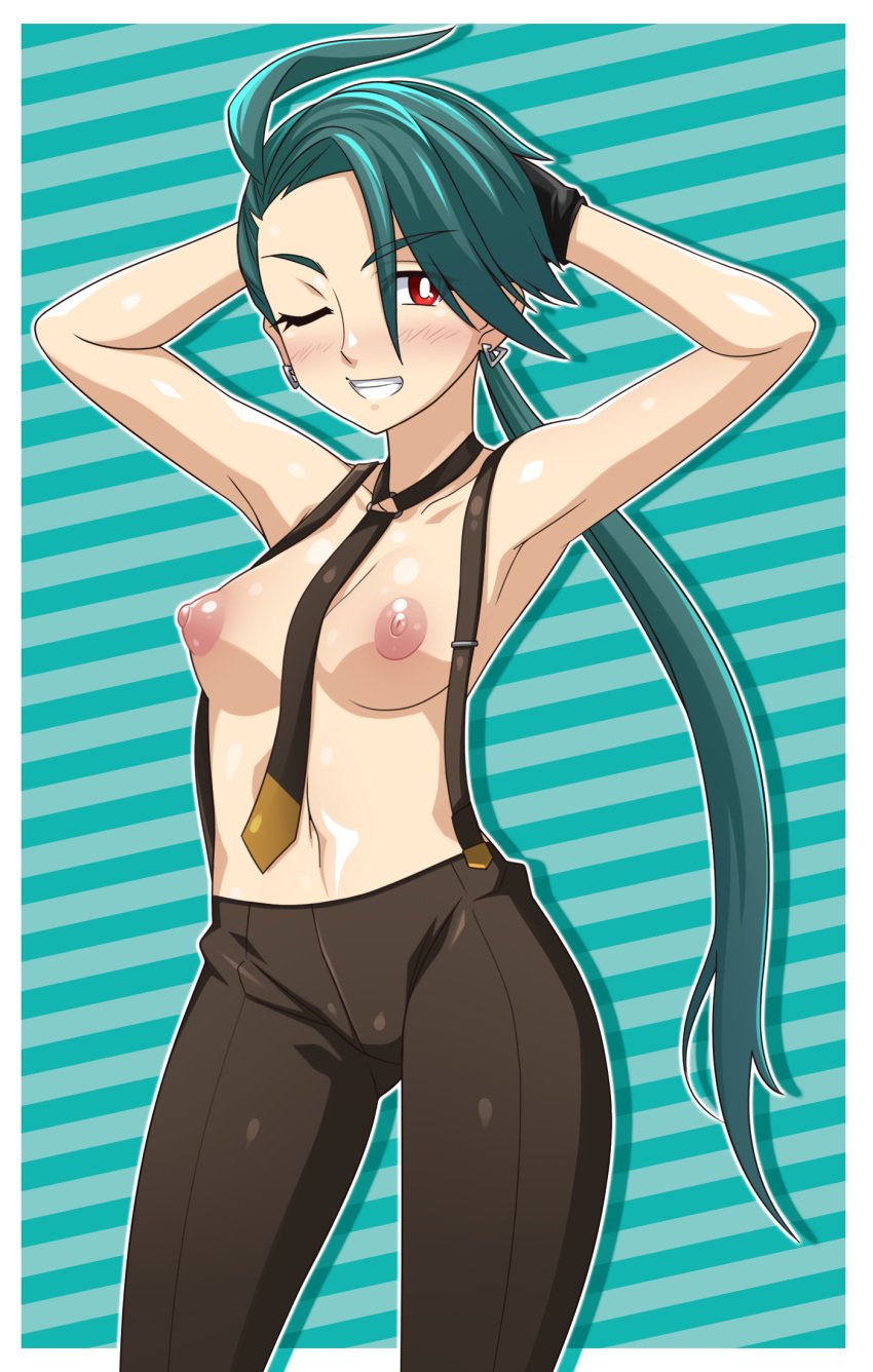 1girls alternate_costume alternate_version_available areolae armpits big_breasts blush breasts brown_pants ear_piercing earrings female female_only game_freak green_hair hands_behind_head hoimin necktie neckwear nipples one_eye_closed pants pokemon pokemon_sv ponytail pov red_eyes rika_(pokemon) solo suspenders teal_hair tomboy wink winking