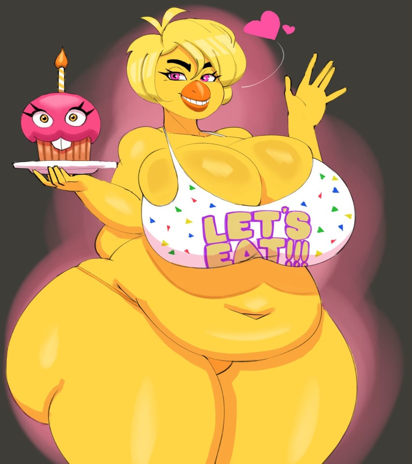 1girls anthro ass ass_visible_from_the_front avian big_ass big_breasts breasts chica_(fnaf) chicken chubby chubby_female classic_chica_(fnaf) crop_top cupcake female female_only five_nights_at_freddy's geebie33 huge_ass looking_at_viewer panties slightly_chubby solo thick_thighs thunder_thighs wide_hips