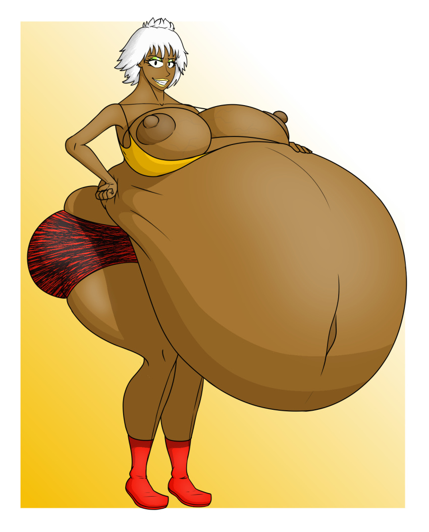 1girls aregularslime ass ballmastrz:_9009 belly belly_expansion belly_inflation big_ass big_belly big_breasts breasts dark-skinned_female dark_skin female gaz_digzy huge_belly huge_breasts inflation nipples short_hair solo solo_female white_hair