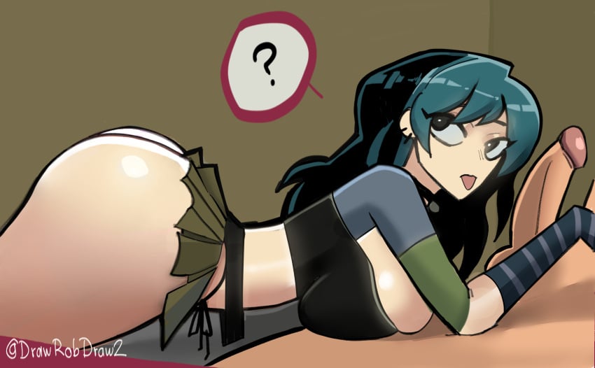 ass ass_focus big_ass big_breasts big_hips big_penis blowjob cleavage dat_ass drawrobdraw2 female/male fingerless_gloves goth_girl green_hair gwen_(tdi) hips legs_up light-skinned_female light-skinned_male light_skin lying male penis short_hair skirt text thick_ass thick_thighs thong thong_straps threesome total_drama_island trent_(tdi) unseen_male_face white_skin wide_hips