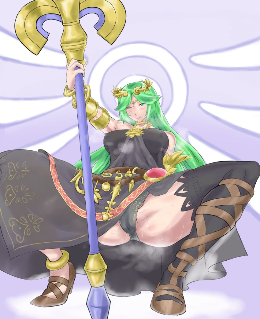 1girls alternate_costume alternate_version_available big_breasts black_dress black_panties blush breasts dress female female_only goddess green_eyes green_hair holding_object huge_breasts kid_icarus kid_icarus_uprising legs_apart mature mature_female mature_woman nintendo palutena panties pole solo solo_female staff sweat sweatdrop thighs uya_(yurukah)