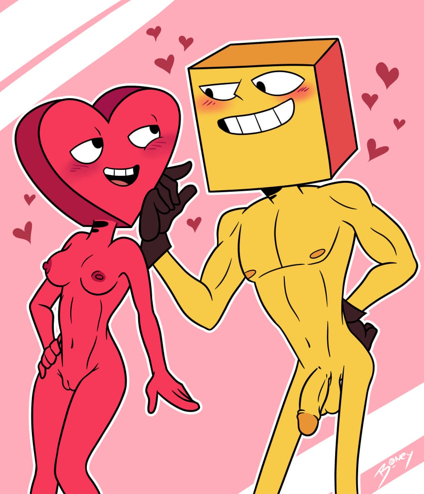 1boy1girl blush breasts cube_(yellow) fan_character gloves heart heart_shape humanoid looking_at_another looking_at_partner love naked nude_female nude_male onlyboney posing standing the_heist valentine's_day