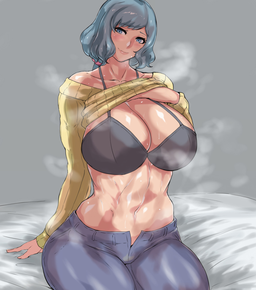 1girls alternate_version_available big_breasts black_bra blue_eyes blue_hair blue_pants blush bottomwear bra breasts cleavage female female_only gundam gundam_build_fighters hair huge_breasts iori_rinko lips mature mature_female mature_woman milf mother pants smile solo solo_female sweater sweater_lift topwear uya_(yurukah) yellow_sweater