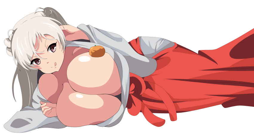 :d absurdres alternate_breast_size alternate_costume anime_coloring breasts brown_eyes cleavage conte_di_cavour_(kantai_collection) female food fruit gigantic_breasts grey_hair hakama hakama_skirt highres hip_vent japanese_clothes kantai_collection kimono long_hair lying mandarin_orange miko official_alternate_costume on_side oppai_mochi paipuorugan red_hakama simple_background skirt smile two_side_up white_background white_kimono wide_sleeves