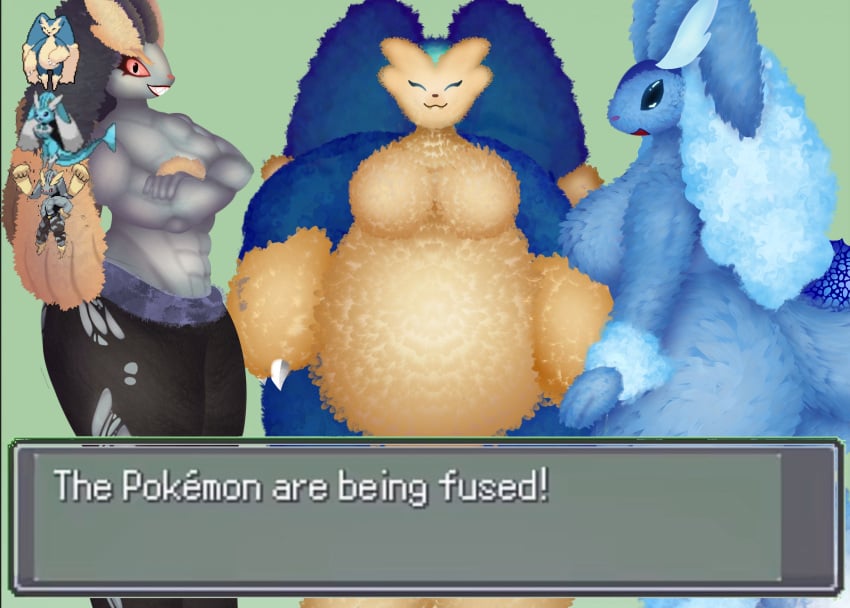 absurd_res anthro ass big_breasts blue_body breasts digital_media_(artwork) eeveelution eye_contact female fluffy fluffy_tail fur fusion generation_1_pokemon generation_4_pokemon group hi_res humanoid hybrid looking_at_another looking_at_viewer lopunny machamp machunny nintendo nude open_mouth overweight pokemon pokemon_(species) pokemon_fusion simple_background smile snorlax snorpunny tail text trio vaporeon vaporunny xenolith0