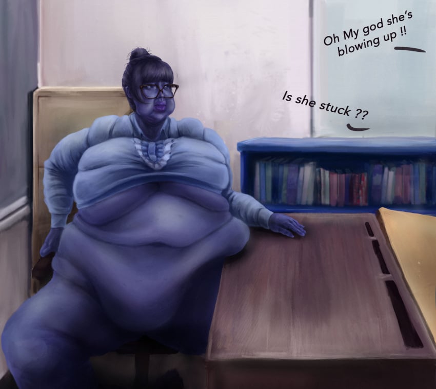 !! 1female 1girls 2022 ?? bbw big_belly big_breasts big_cheeks big_stomach blue_eyes blue_lips blue_nails blue_sclera blue_skin blueberry_girl blueberry_inflation books bookshelf bottomless breast_expansion desk dialogue english_commentary english_text expansion female_only female_teacher file_cabinet glasses high_resolution highres human_only inflation looking_at_another looking_to_the_side massive_belly navel no_panties no_pants no_underwear not_furry not_furry_focus office_chair offscreen_character original ponytail post_transformation puffed_cheeks realistic sitting sitting_in_chair sitting_on_chair snoutratart solo solo_female solo_focus sweater teacher transformation weight_gain