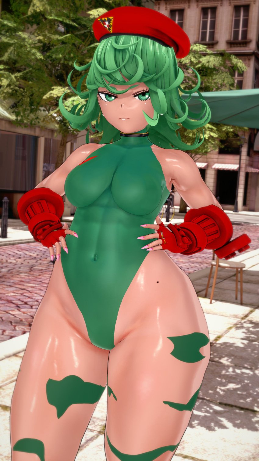 1girls 2160x3840 3d absurd_res alternate_breast_size bangs bare_shoulders beret big_breasts bodypaint breasts cammy_white cammy_white_(cosplay) capcom chair clothing collar cosplay curly_hair curvy eyelashes female female_focus female_only fingerless_gloves gauntlets gloves green_eyes green_hair hat highleg highleg_leotard hips human jewelry koikatsu large_breasts leotard long_fingernails looking_at_viewer makeup medium_hair mole nail_polish navel navel_visible_through_clothes one-punch_man outside petite pink_nails pinup plant revealing_clothes ring shiny_skin shortstack skimpy sleeveless solo solo_female street_fighter tan_skin tatsumaki thick_thighs thighs tree umbrella voluptuous wide_hips wily27