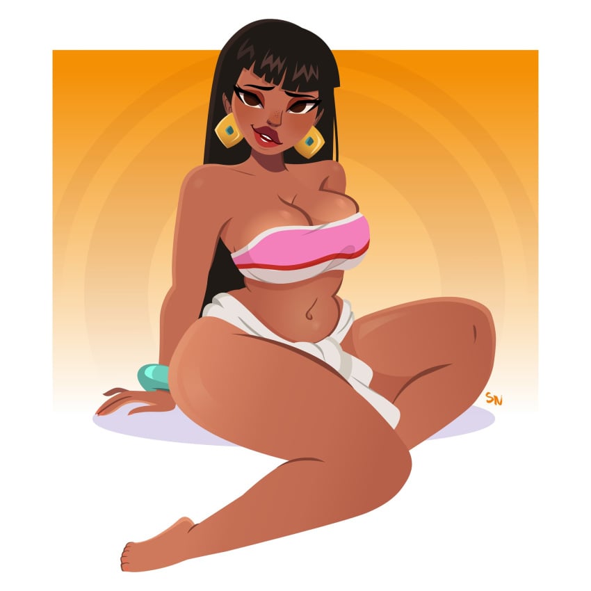 black_hair breasts brown_eyes chel chel_(the_road_to_el_dorado) cleavage dark-skinned_female dark_skin dreamworks earrings freckles freckles_on_nose hourglass_figure lat latina lipstick long_black_hair long_hair looking_at_viewer native_american nightlyneu sitting the_road_to_el_dorado thick_lips thick_thighs wristband