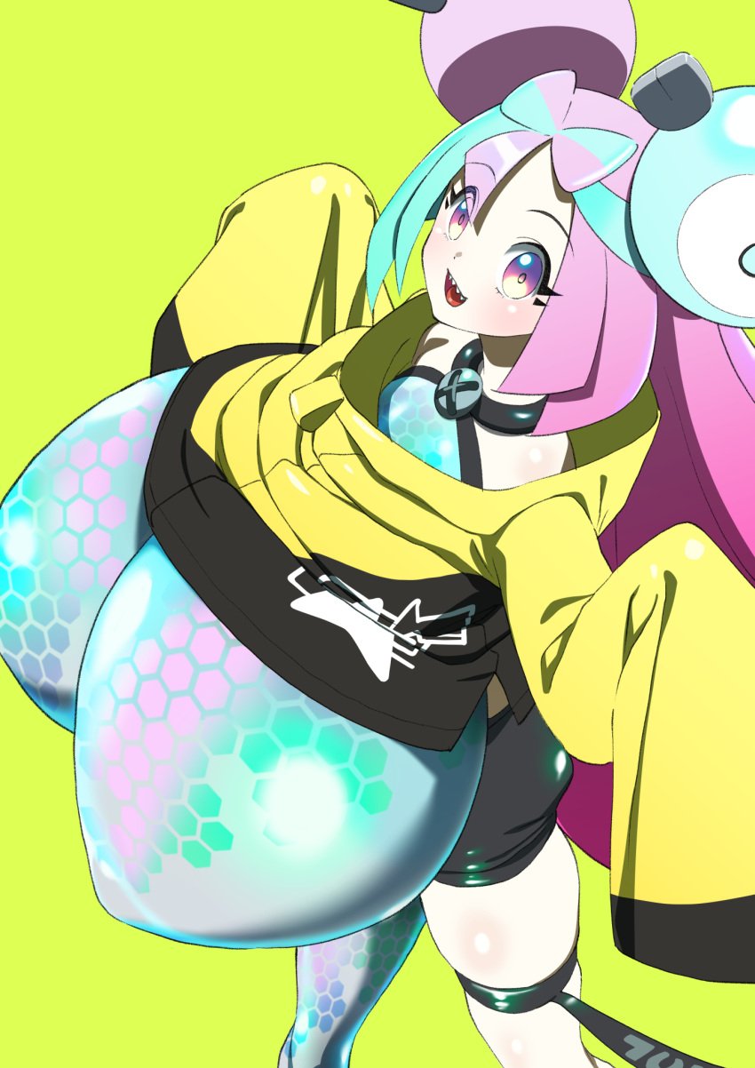 alternate_breast_size big_areola big_nipples blue_hair breasts_bigger_than_head bursting_breasts enormous_breasts game_freak green_background hoodie huge_breasts hyper hyper_breasts ika_daishogun iono_(pokemon) nintendo nipple_bulge nipples_visible_through_clothing pink_hair pokemon pokemon_sv shorts streamer swimsuit swimsuit_under_clothes two_tone_hair