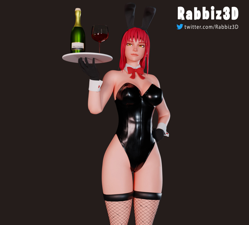 3d 3d_(artwork) bunny_ears bunnysuit chainsaw_man holding_object makima_(chainsaw_man) rabbiz3d red_hair stylized wine wine_glass