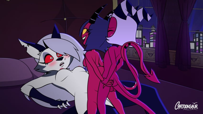 1boy 2girls 4_fingers anthro ass bisexual black_hair blush breasts canid canine cartoonsaur demon demon_tail ear_piercing female freckles fur grey_body grey_fur grey_hair hellhound helluva_boss horns humanoid imp long_hair loona_(helluva_boss) male millie_(helluva_boss) moxxie_(helluva_boss) nipples piercing red_body red_skin sex tail white_body white_fur white_hair