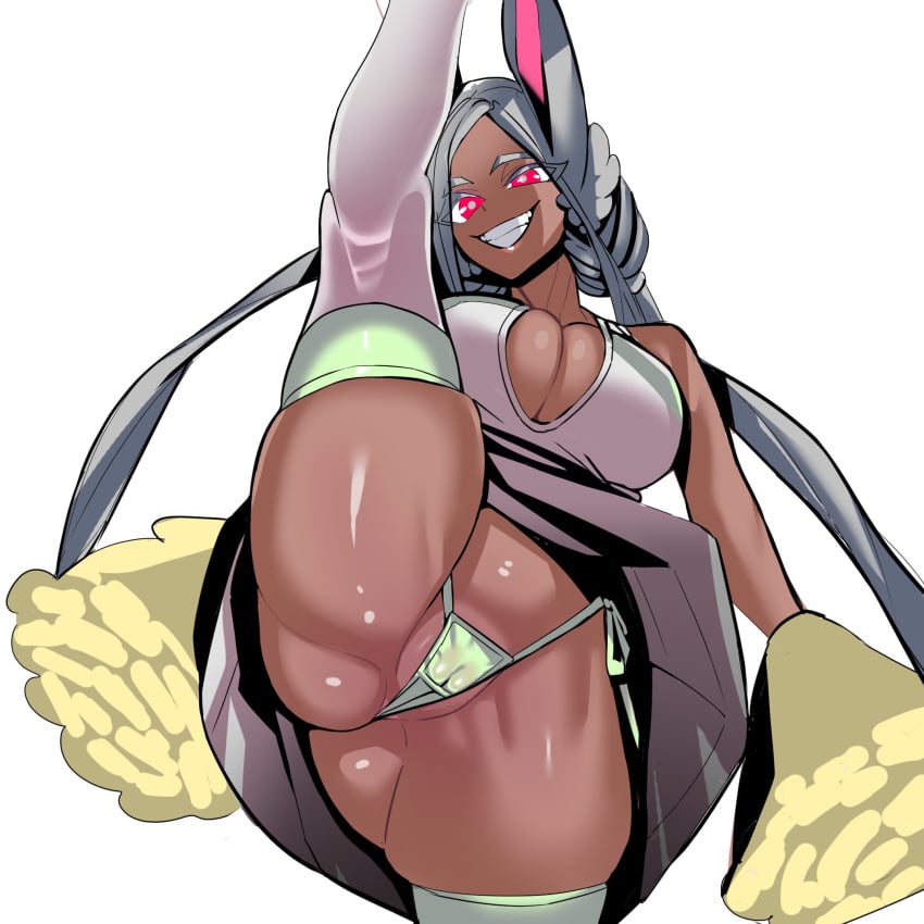 1girls animal_ears artist_request ass ass_visible_through_thighs big_breasts bottomwear breasts bunny_ears cheerleader cheerleader_uniform female female_only fully_clothed green_thong hair legwear long_hair miruko my_hero_academia one_leg_up pom_poms red_eyes rumi_usagiyama skirt smile solo solo_female thighhighs thong topwear white_hair