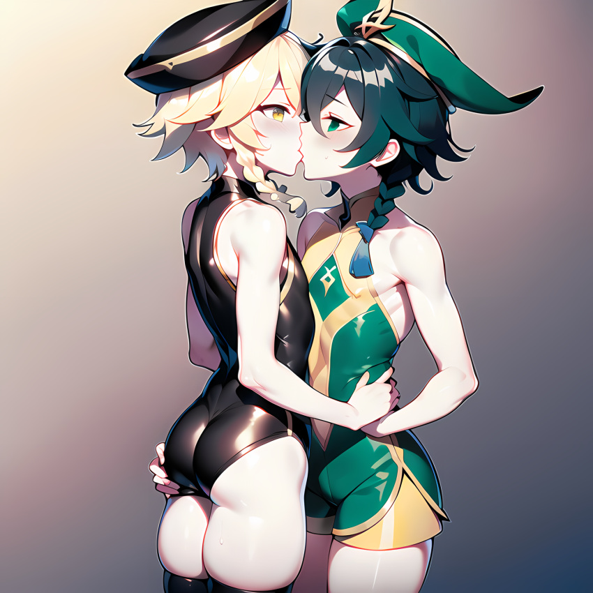 2boys aether_(genshin_impact) ahoge ai_generated alternate_costume ass ass_grab bad_hands bare_shoulders blonde_hair braid brown_hair crossdressing from_behind genshin_impact green_eyes hat hug kissing leotard long_hair multiple_boys pantyhose shiny shiny_clothes shiny_hair shiny_skin short_shorts shorts sweat thick_thighs thighhighs trap unitard venti_(genshin_impact) yaoi yellow_eyes