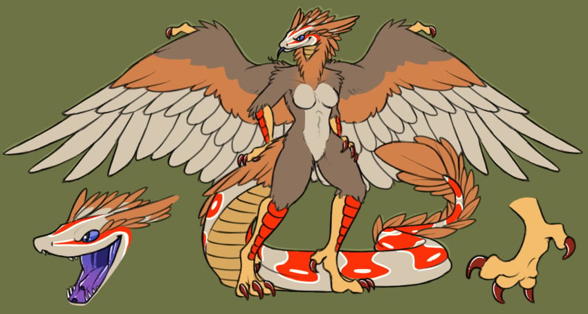 1girls anthro avian bird blue_eyes blue_mouth blue_sclera clawed_feet clawed_fingers clawed_wings digitigrade feathered_body feathers featureless_breasts female forked_tongue hand_on_hip hand_on_tail hybrid long_tail looking_to_the_side multicolored_body multicolored_feathers purple_mouth purple_tongue red_highlights red_markings reference_sheet reptile royalty_(artist) scaled_legs scaled_shins scalie shin_scales simple_background slit_pupils snake solo tail_feathers talons tongue tongue_out two_tone_mouth wing_claws