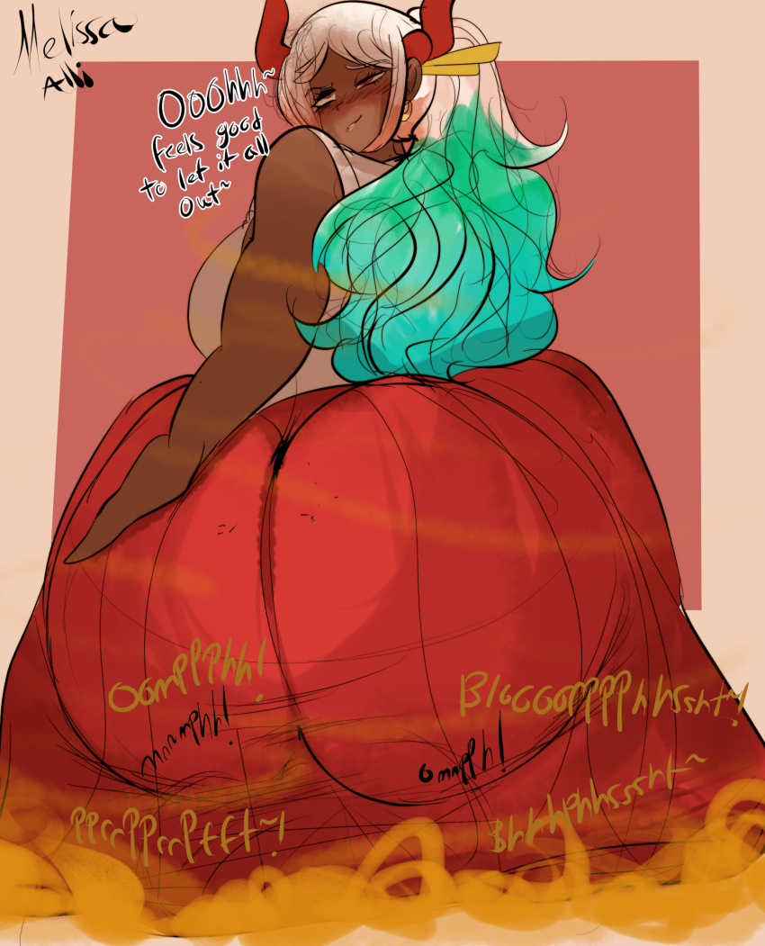 1boy 1girls ass_in_dress ass_on_face big_ass big_butt blue_hair blush dark-skinned_female dress english_text facesitting fart fart_cloud fart_fetish farting farting_in_face female horns male melissaalli monkey_d_luffy multicolored_hair one_piece race_swap rear_view red_eyes smile text white_hair yamato_(one_piece)