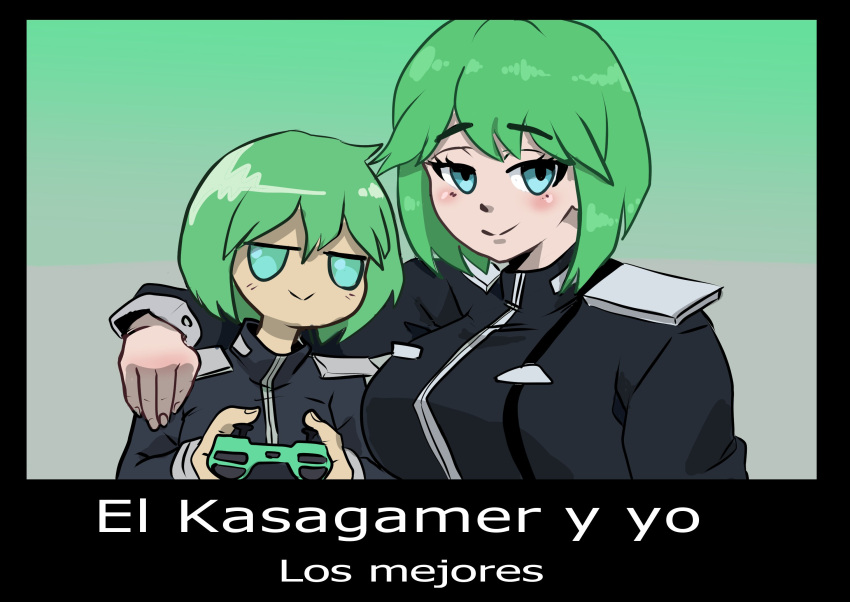 2girls blue_eyes controller green_hair ho_chi_ming! kasaneru_(character) only_female the_kasaneru youtube youtube_hispanic