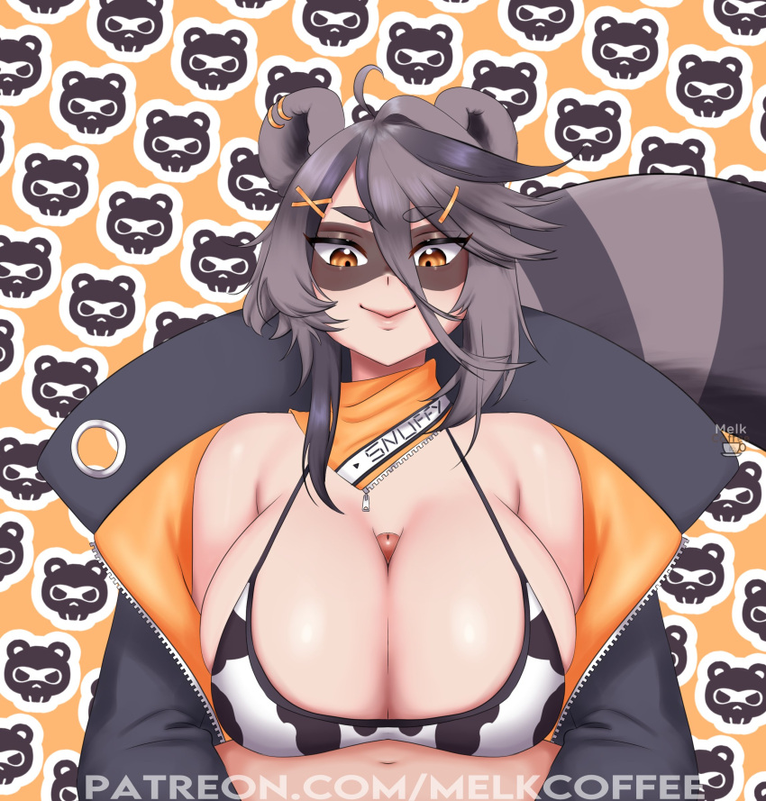 1boy 1girls 2023 amber_eyes animal_ears artist_logo artist_name big_breasts bikini breasts brown_hair closed_mouth clothed_paizuri clothing digital_drawing_(artwork) digital_media_(artwork) engulfing_paizuri eyebrows_visible_through_hair female huge_breasts indie_virtual_youtuber light-skinned_female light-skinned_male light_skin male male/female melkcoffee outercourse paizuri patreon_username pov pov_titfuck raccoon raccoon_ears raccoon_girl raccoon_tail smile snuffy tail tip_peeking titfuck_under_clothes titjob two_tone_hair unseen_male_face virtual_youtuber watermark