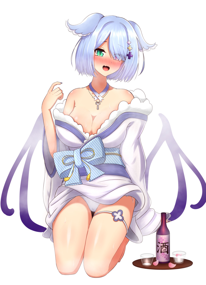 1girls alcohol bare_shoulders big_breasts blue_hair blush blushing camel_toe cameltoe cleavage dragon_girl dragon_wings elira_pendora elira_pendora_(2nd_costume) exposed_shoulders hair_covering_eye hair_over_one_eye hair_wings head_wings heterochromia key key_necklace kimono kimono_lift kneeling looking_at_viewer mizmillificent mole mole_on_chest necklace nijisanji nijisanji_en one_eye_covered one_eye_obstructed open_mouth panties pantyshot short_hair solo solo_female solo_focus steam thigh_strap transparent_background virtual_youtuber white_panties wings x_hair_ornament yukata yukata_lift