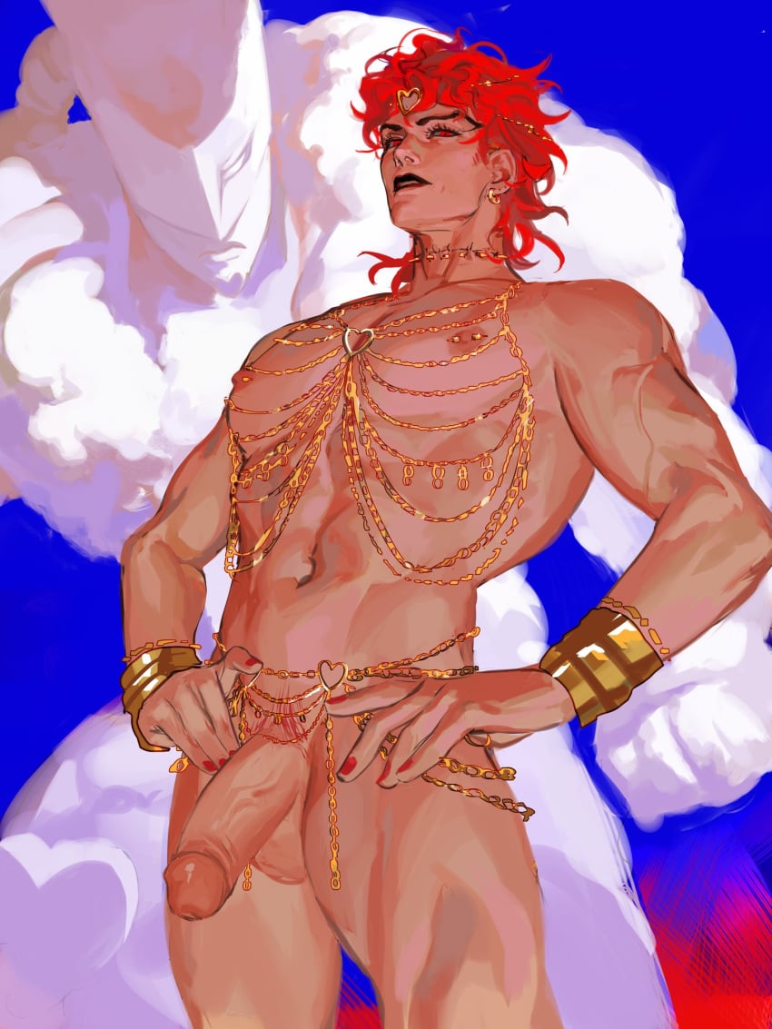 1boy abs alternate_color alternate_hair_color ashva black_lips bracelet commentary dio_brando earrings eyelashes gay hands_on_hips highres jewelry jojo's_bizarre_adventure jojo_no_kimyou_na_bouken large_penis long_hair looking_at_viewer makeup male_focus male_only male_pubic_hair muscular muscular_male navel necklace nipple_piercing nipples nude parted_lips pectorals penis piercing pubic_hair red_eyes red_hair red_nails scar scar_on_neck stand_(jjba) stand_(jojo) stardust_crusaders testicles the_world thighs vampire veins veiny_penis