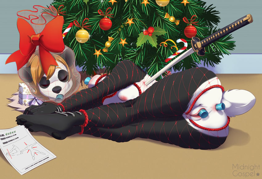 anthro bear blood bodily_fluids breasts christmas christmas_tree closed_eyes corpse death decapitation female female_death genitals giant_panda gore headless holidays katana mammal melee_weapon midnightgospel plant plastic_bag pussy snuff solo sword tia_(karmandel) tree weapon