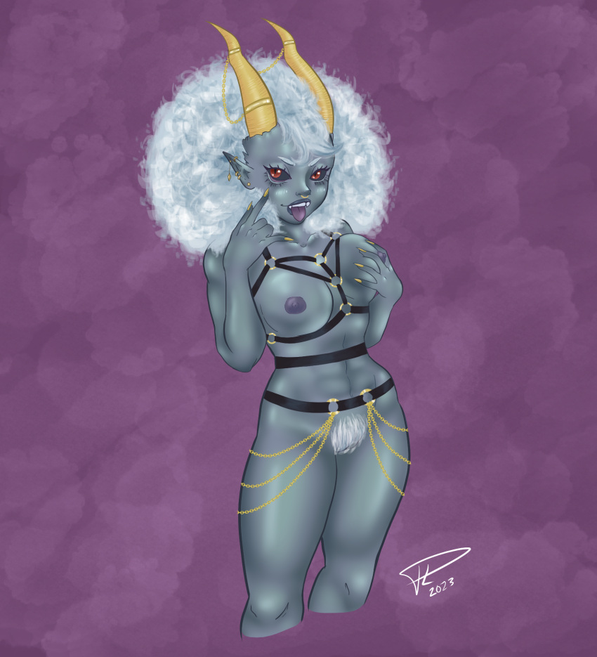 afro breast_grab breast_squish breasts clothing female gold_(metal) grey_body grey_skin hand_on_breast hi_res horn humanoid lingerie pubes squish thepurpalynn tiefling tongue tongue_out whitehair