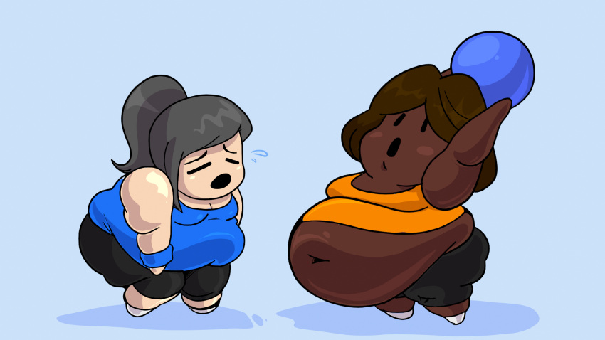 2girls ass ball belly bending_forward breast brown_hair chibi chubby chubby_female dark-skinned_female dodgeball dot_eyes dungeon_deathball female female_focus female_only grey_hair large_ass morbidly_obese overweight overweight_female shorts shortstack small_shirt solitaryscribbles stomach struggling sweat sweatband sweating tanktop thick_thighs thighs wardrobe_malfunction