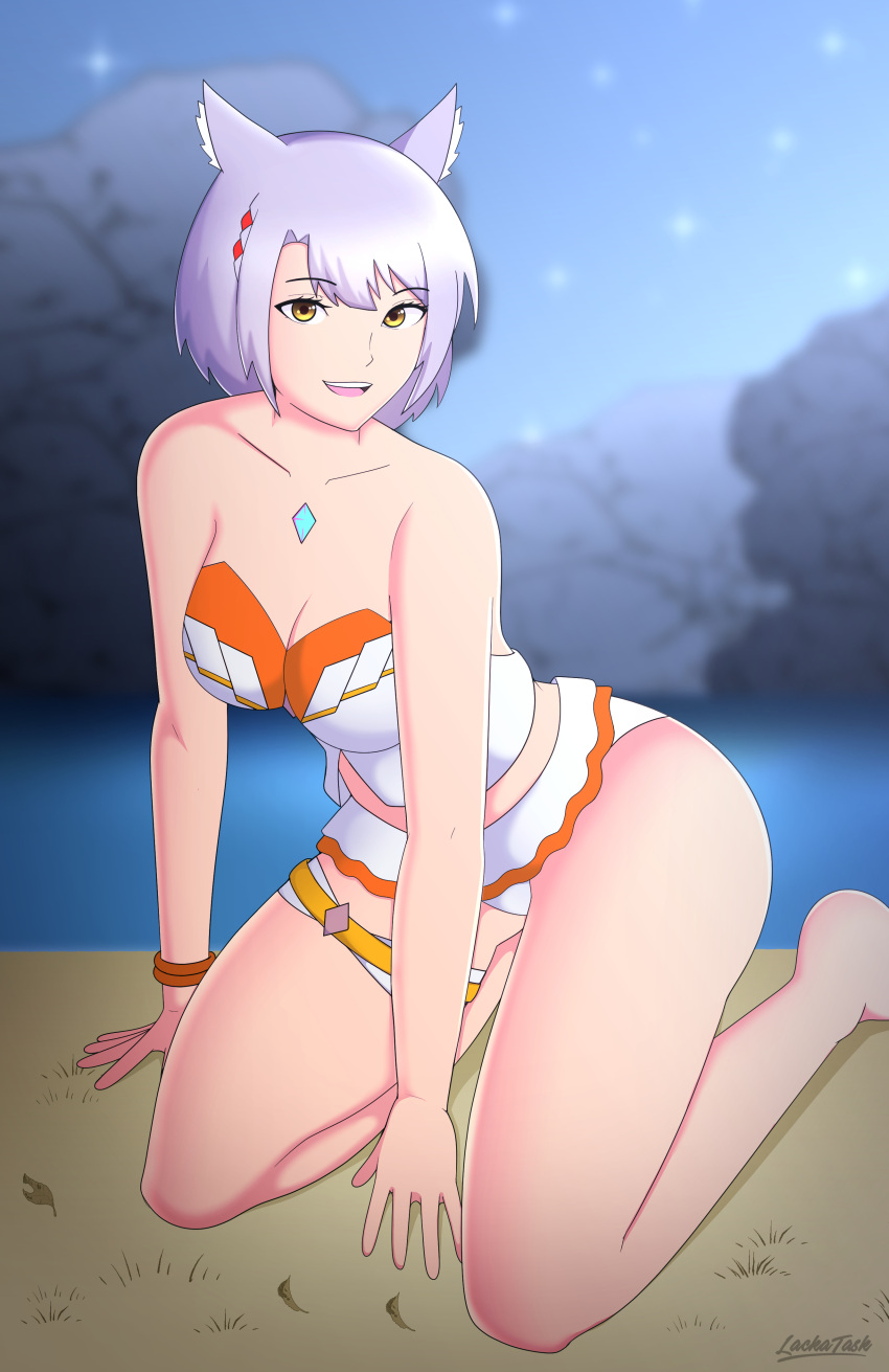 1girls braid breasts cat_ears catgirl core_crystal grey_hair lackatask lagoon light-skinned_female looking_at_viewer mio_(xenoblade) nintendo smile smiling_at_viewer swimsuit thighs xenoblade_(series) xenoblade_chronicles_3 yellow_eyes