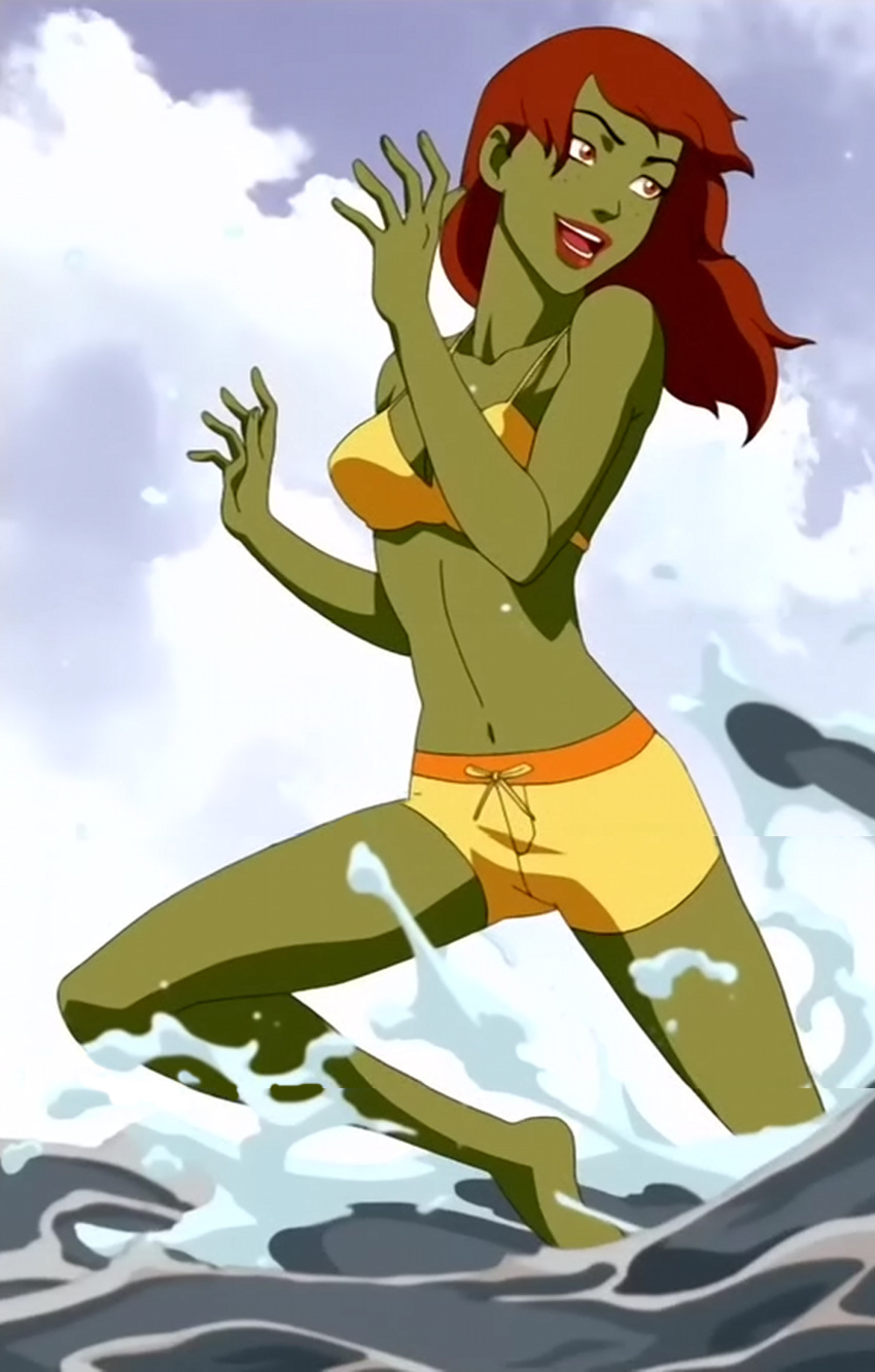 1girls bikini color dc earth_16 female female_only green_skin hair miss_martian red_hair running single smile solo water young_justice young_justice_(cartoon)