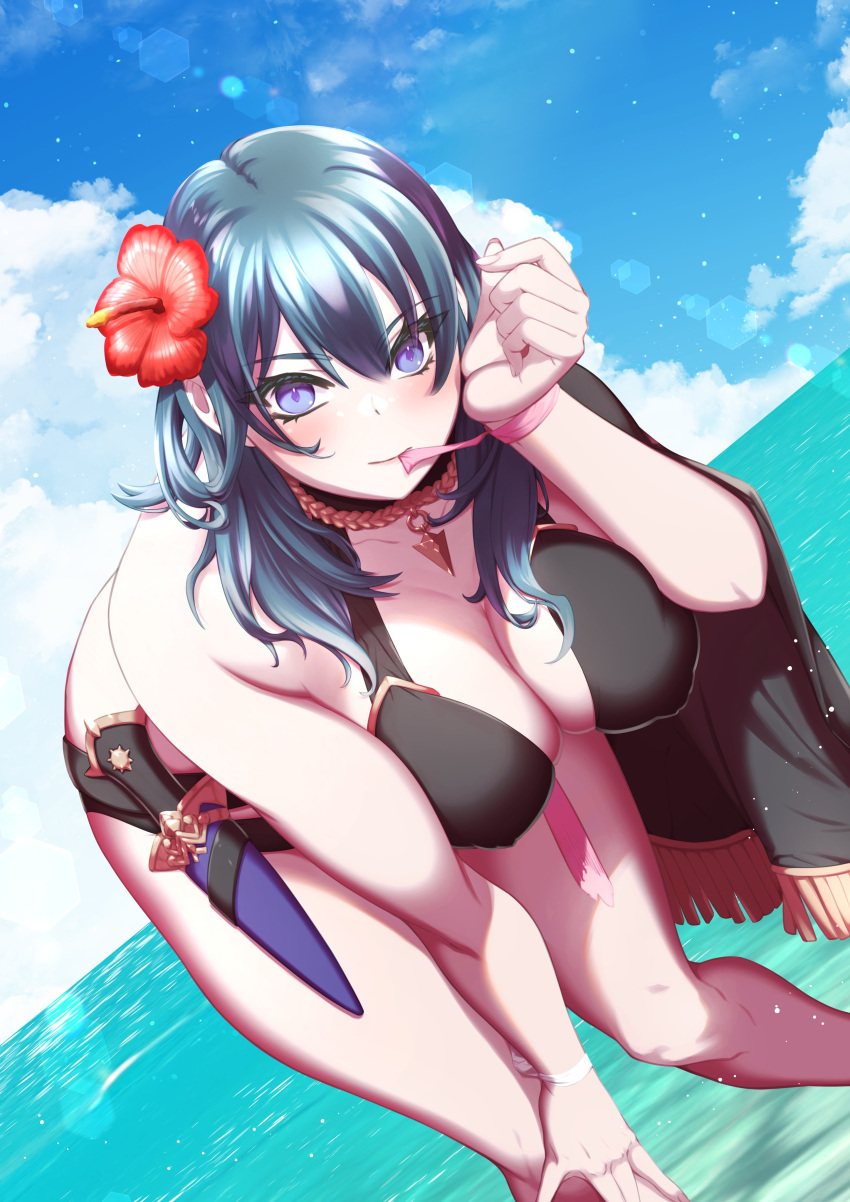 alternate_costume bent_over bikini black_bikini black_swimsuit breasts byleth_(fire_emblem) byleth_(fire_emblem)_(female) byleth_(summer)_(fire_emblem)_(female) female female_only fire_emblem fire_emblem:_three_houses fire_emblem_heroes karakamayo looking_at_viewer nintendo official_alternate_costume solo swimsuit