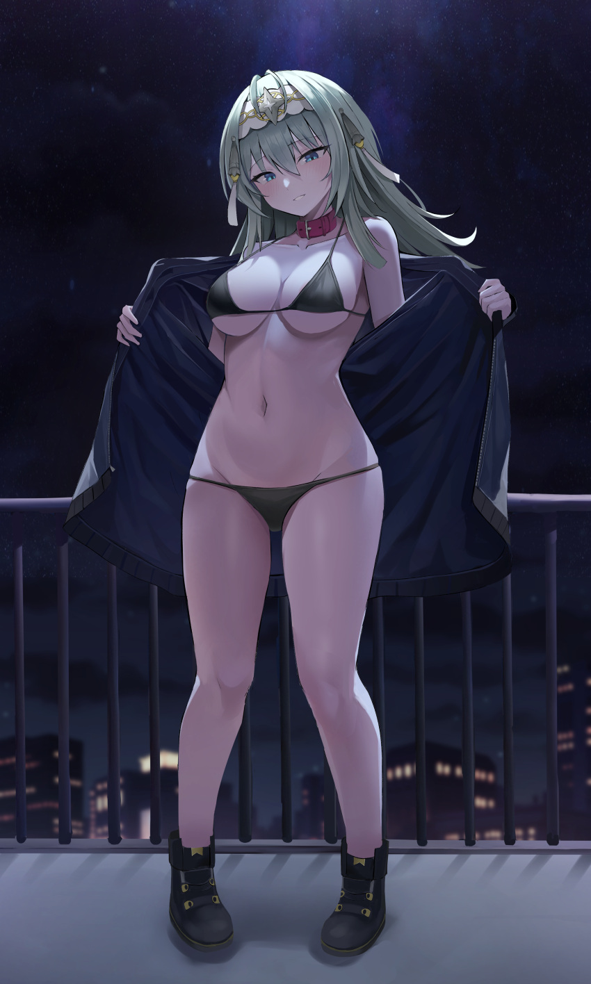 absurdres aqua_eyes breasts city cityscape collar epic7 epic_seven female female_pervert highres jacket large_breasts long_hair looking_at_viewer navel night night_sky pervert politis_(epic_seven) red_collar sky solo swimsuit