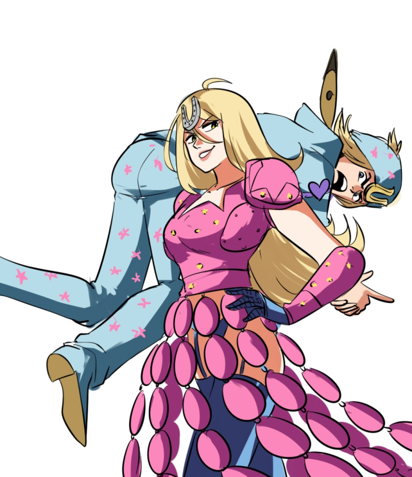 1boy 1girls blonde_hair blonde_hair_female blonde_hair_male breasts female human humanoid johnny_joestar jojo's_bizarre_adventure light-skinned_female light_skin long_hair long_hair_female male rule_63 shounen_jump smile smiling stand_(jjba) steel_ball_run tinafate1 tusk_(jjba)