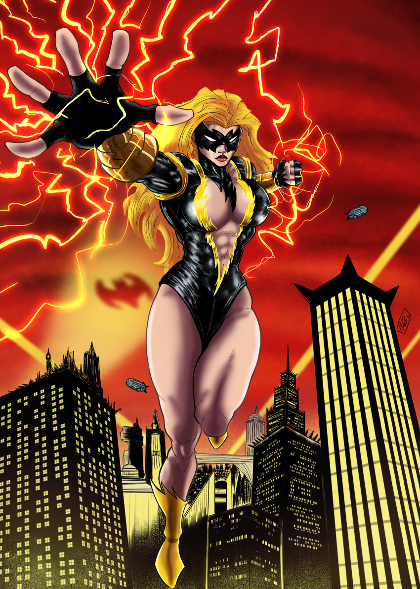 blonde_female blonde_hair cleavage cleavage_cutout dc dc_comics electricity genderswap_(mtf) original_character rule_63 shocking_suzi superheroine